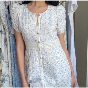 LoveShackFancy Cream and Light Blue Floral Maxi Dress